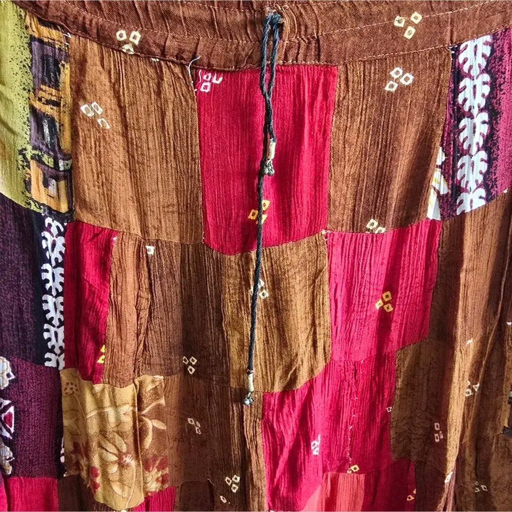 Boho Chic Patchwork Cottage Style Brown And Pink Maxi Skirt - Picture 4 of 12